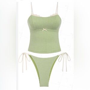 Seamolly Green Gingham Tankini Set Lace Trim Tie Side Bikini Medium Cheeky